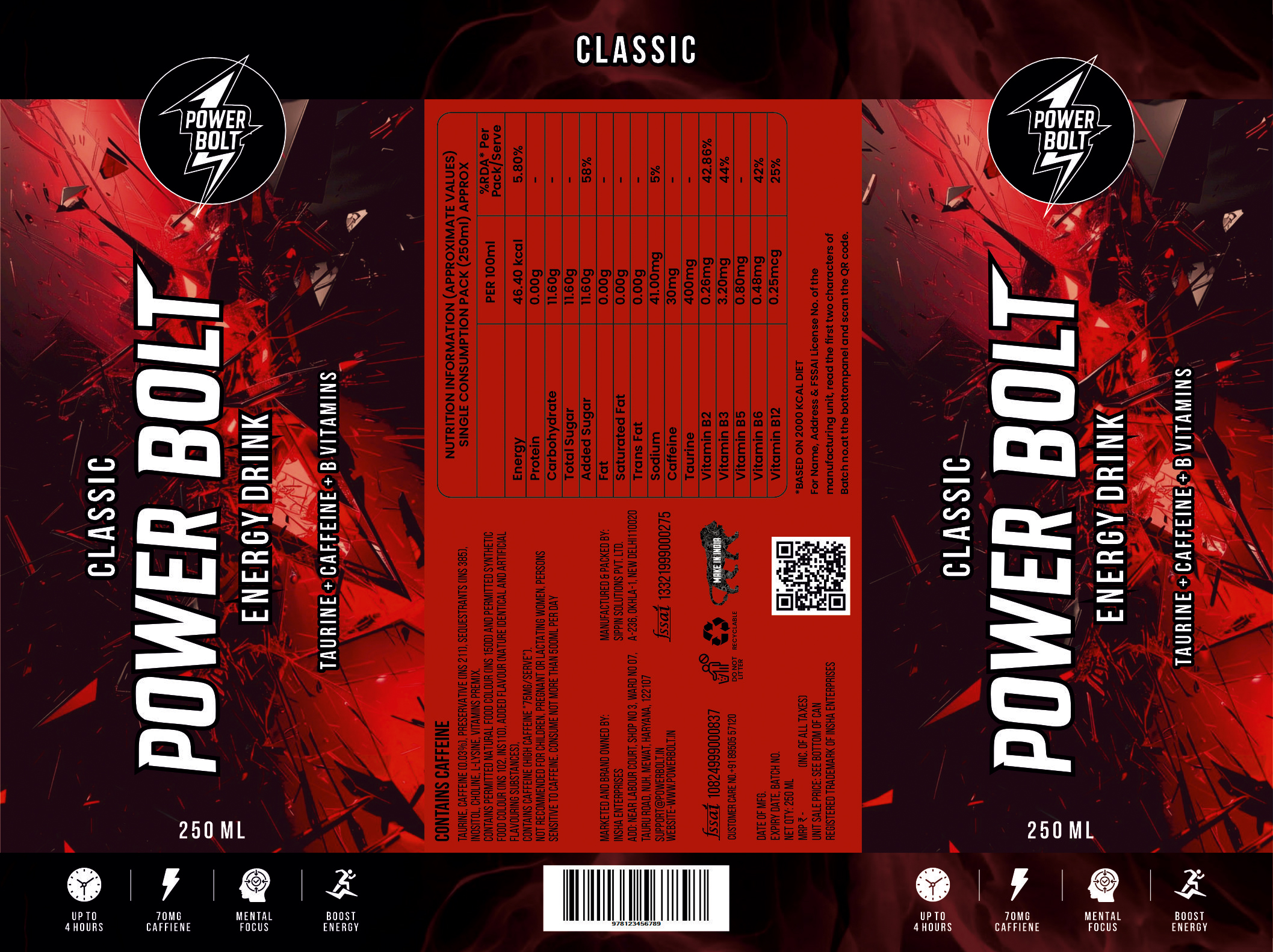 Click to view full size Front panel of the Power Bolt Classic energy drink can label with shattered red artwork, designed by Vectographics