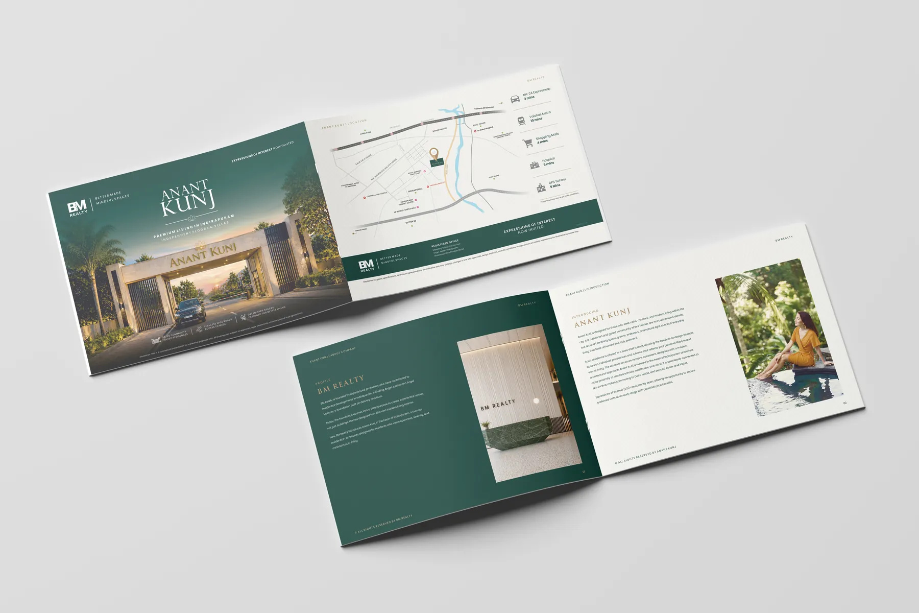 Click to view full size Anant Kunj landscape brochure for BM Realty: the front cover with the project gateway, the location map page, and the BM Realty and project introduction spread