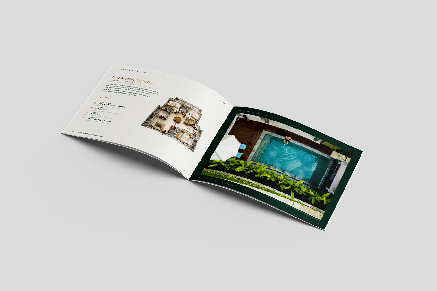 Click to view full size Anant Kunj brochure spread with a floor plan page on the left and a pool photograph on the right