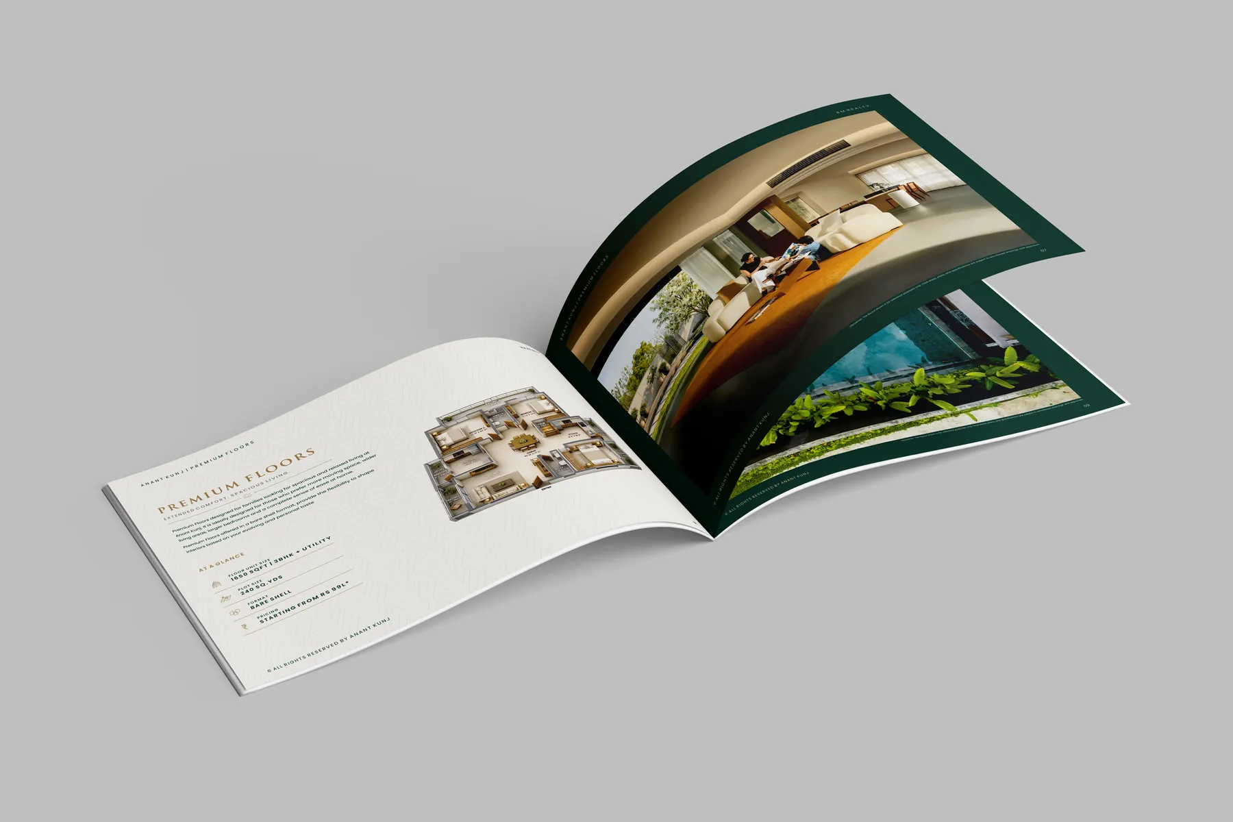 Click to view full size Anant Kunj brochure Premium Floors spread with a 3D floor plan and key details, facing full-bleed interior photography