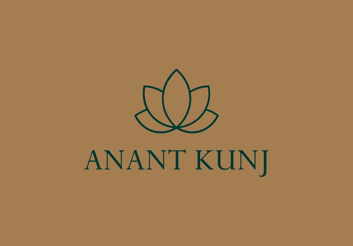 Click to view full size Anant Kunj logo in deep green line art and serif capitals on a gold background