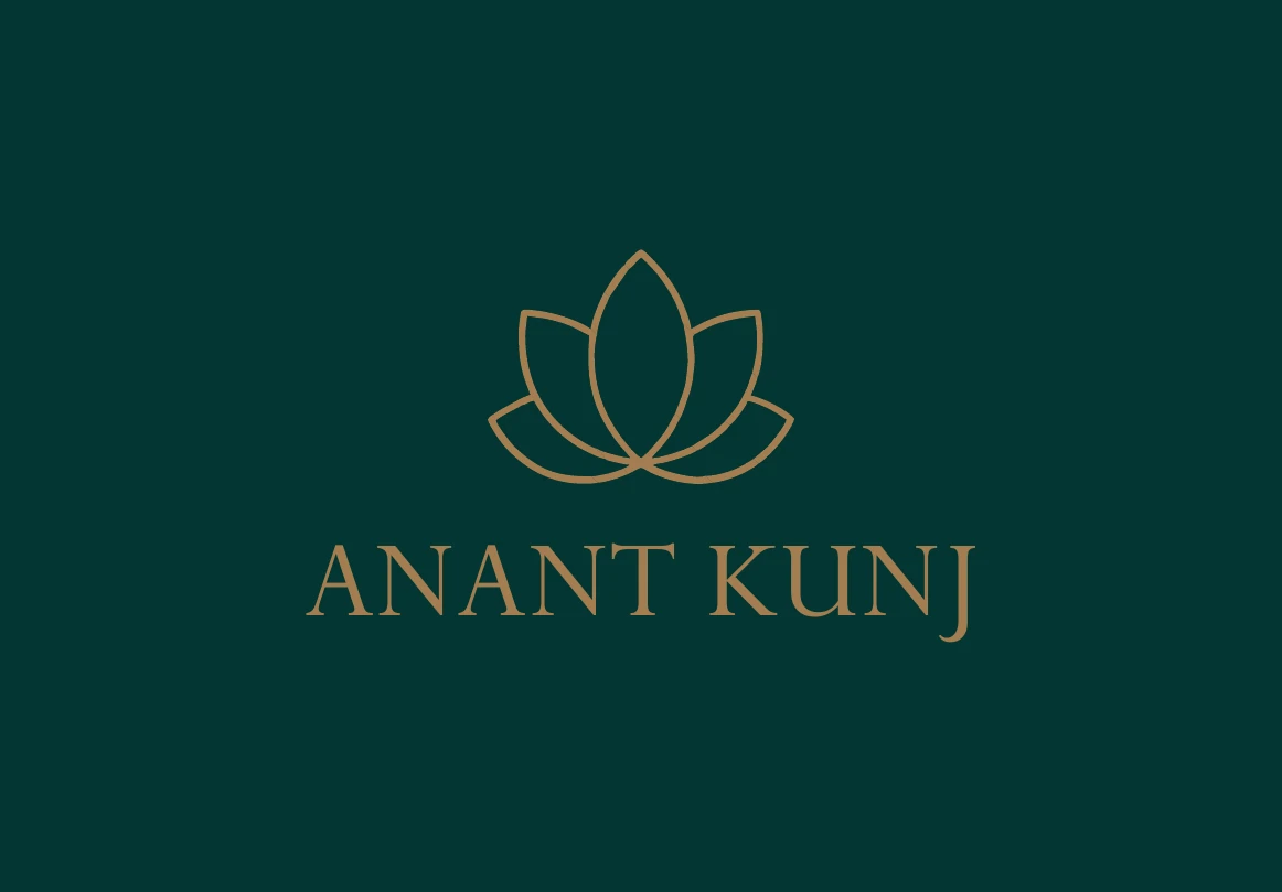 Click to view full size Anant Kunj logo with construction guides: centre axis, lotus bounding box and circles, cap-height and baseline, and clear space equal to X