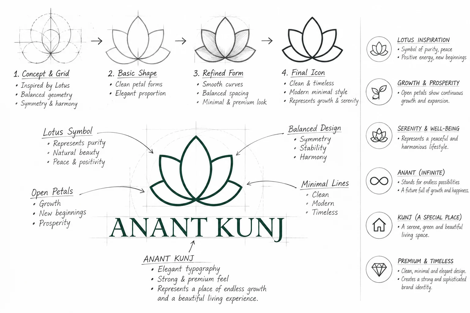 Click to view full size Anant Kunj logo development sheet: four stages from concept and grid, basic shape and refined form to the final lotus icon, with notes on the lotus symbol, open petals, balanced design, minimal lines and the ANANT KUNJ lettering