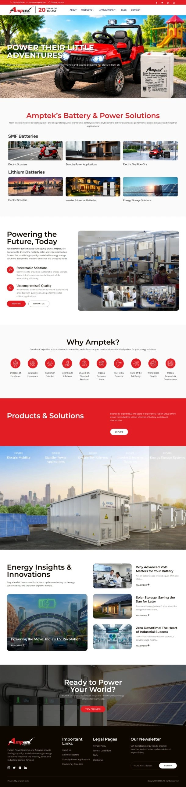 New Amptek India homepage with an application-led hero, battery solutions, why Amptek section, blog and call to action