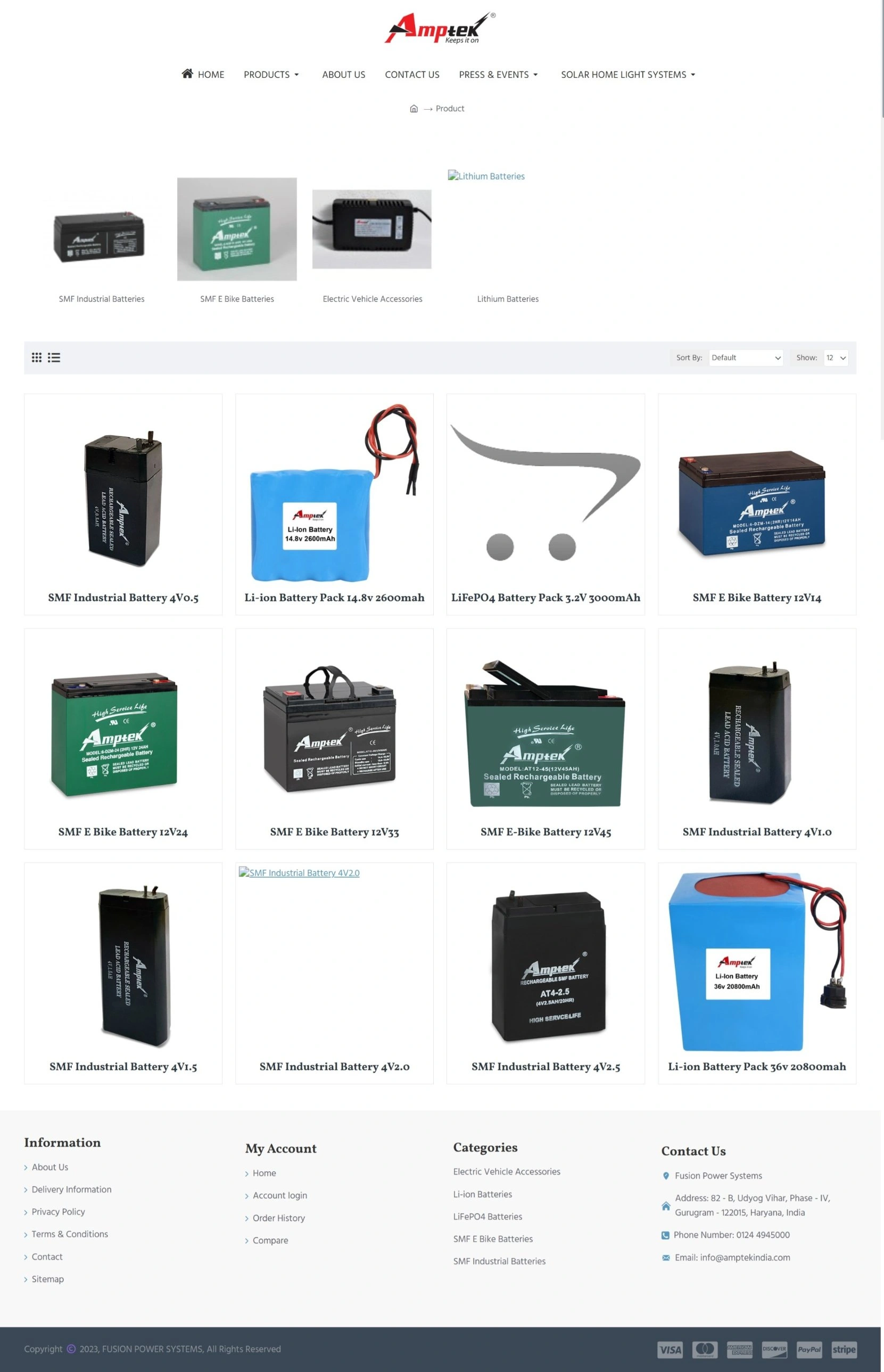 Old Amptek India product category page mixing lithium, e-bike and industrial batteries, with broken images