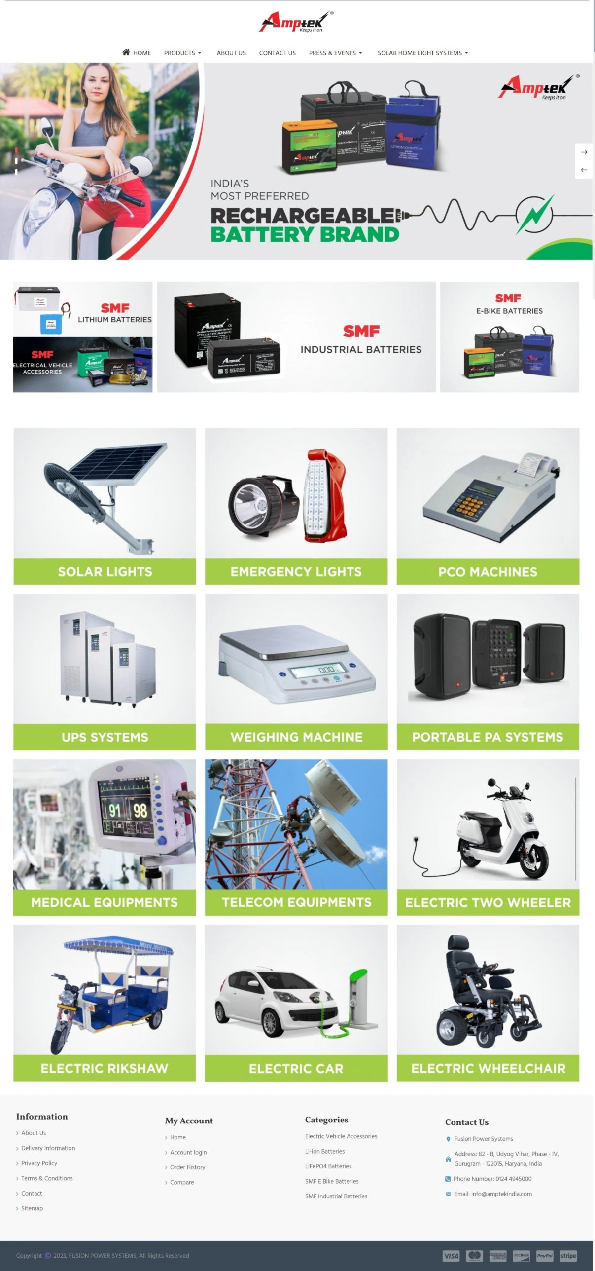Old Amptek India homepage with a slider banner, product tiles and a crowded category grid