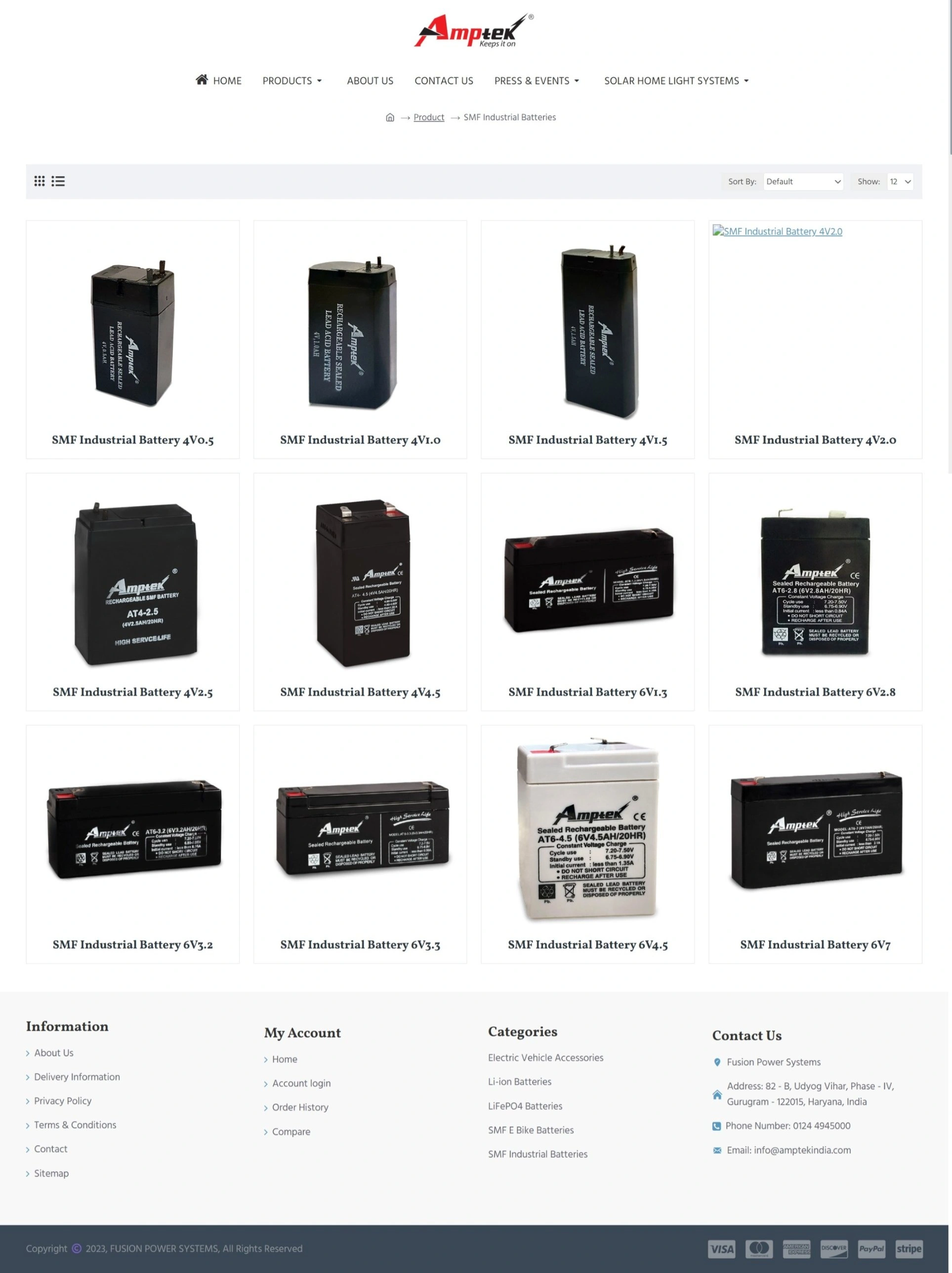 Old Amptek India SMF industrial batteries listing page with twelve products and one broken image