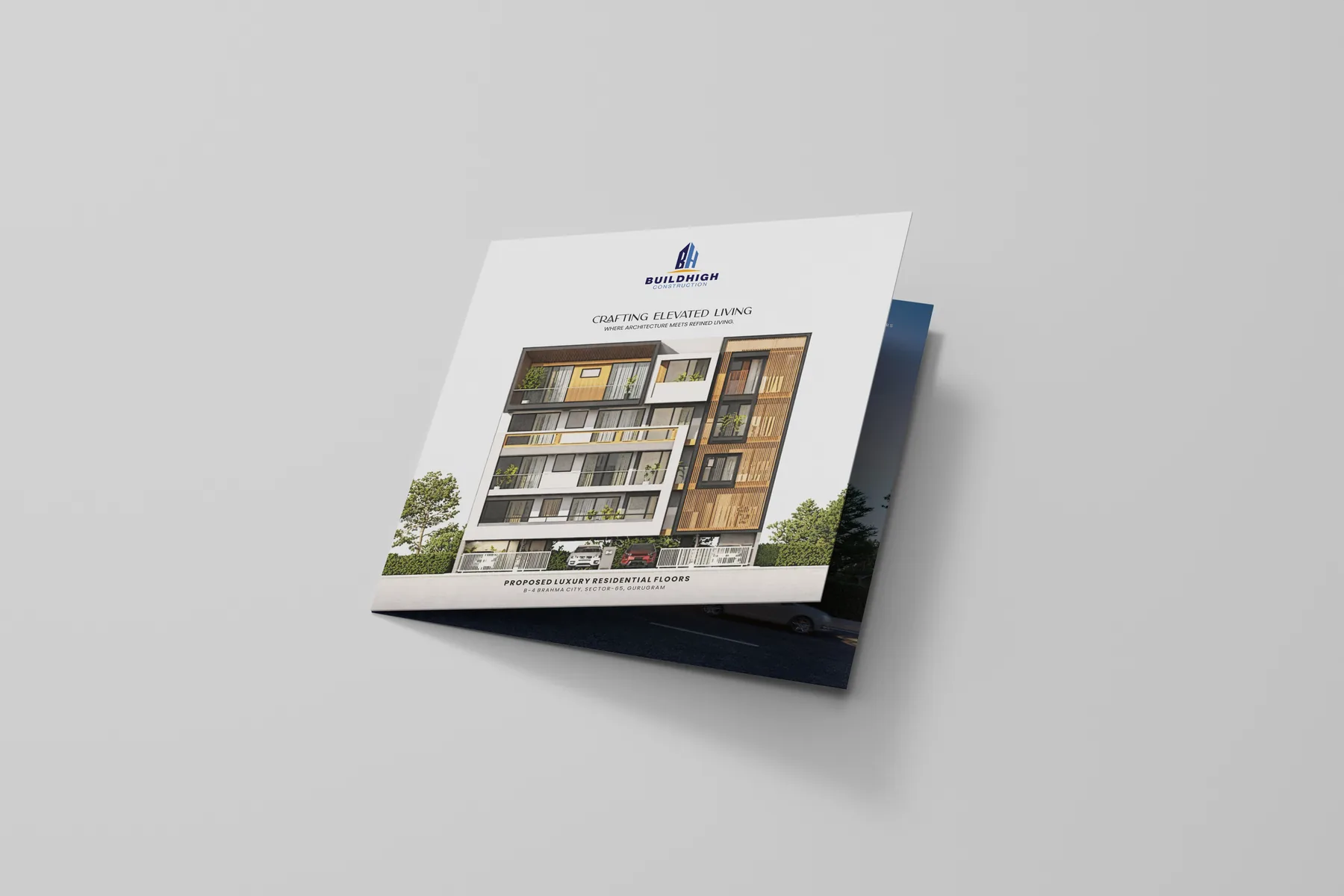 Click to view full size BuildHigh Construction square company profile brochure, front cover showing the proposed luxury residential floors in Sector 65, Gurugram