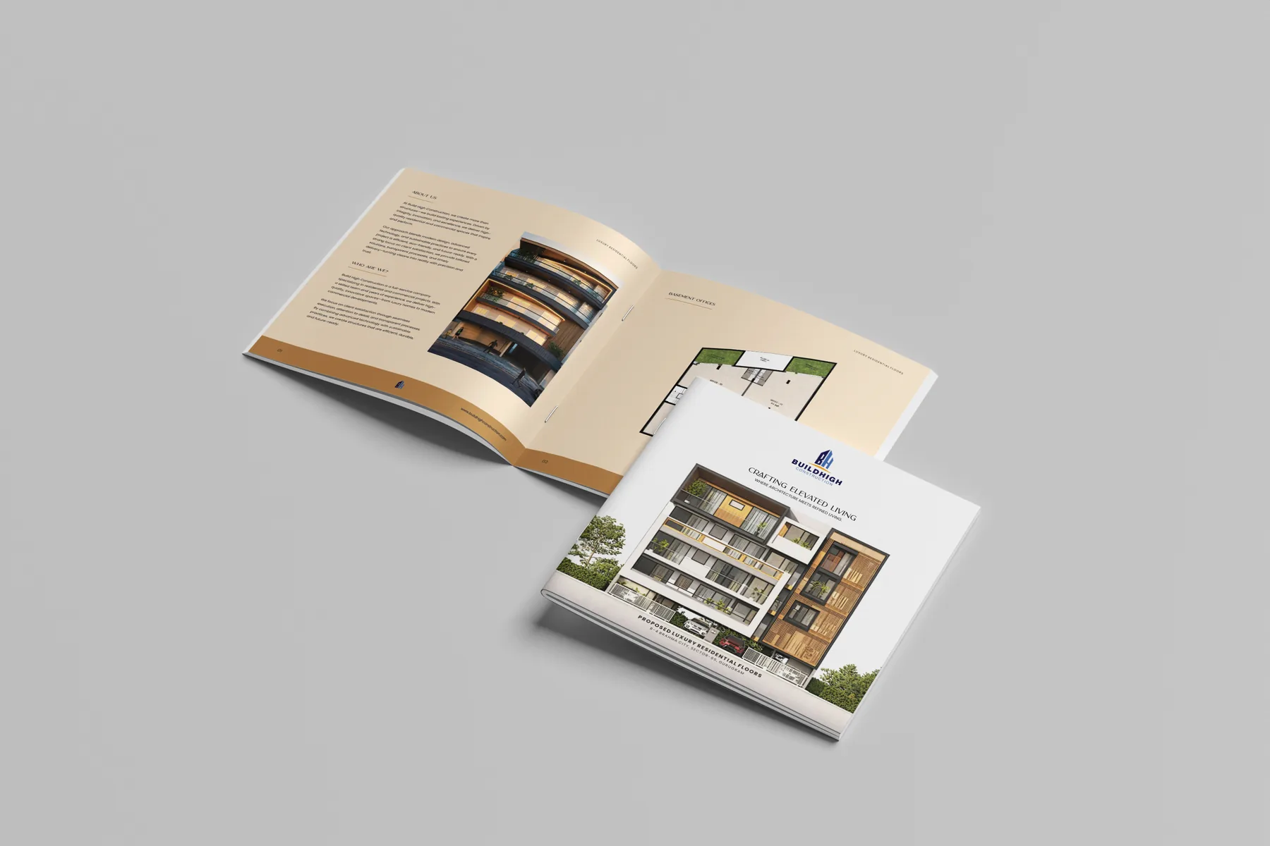 Click to view full size BuildHigh brochure opened to the about us page and basement plan, with the closed cover in front
