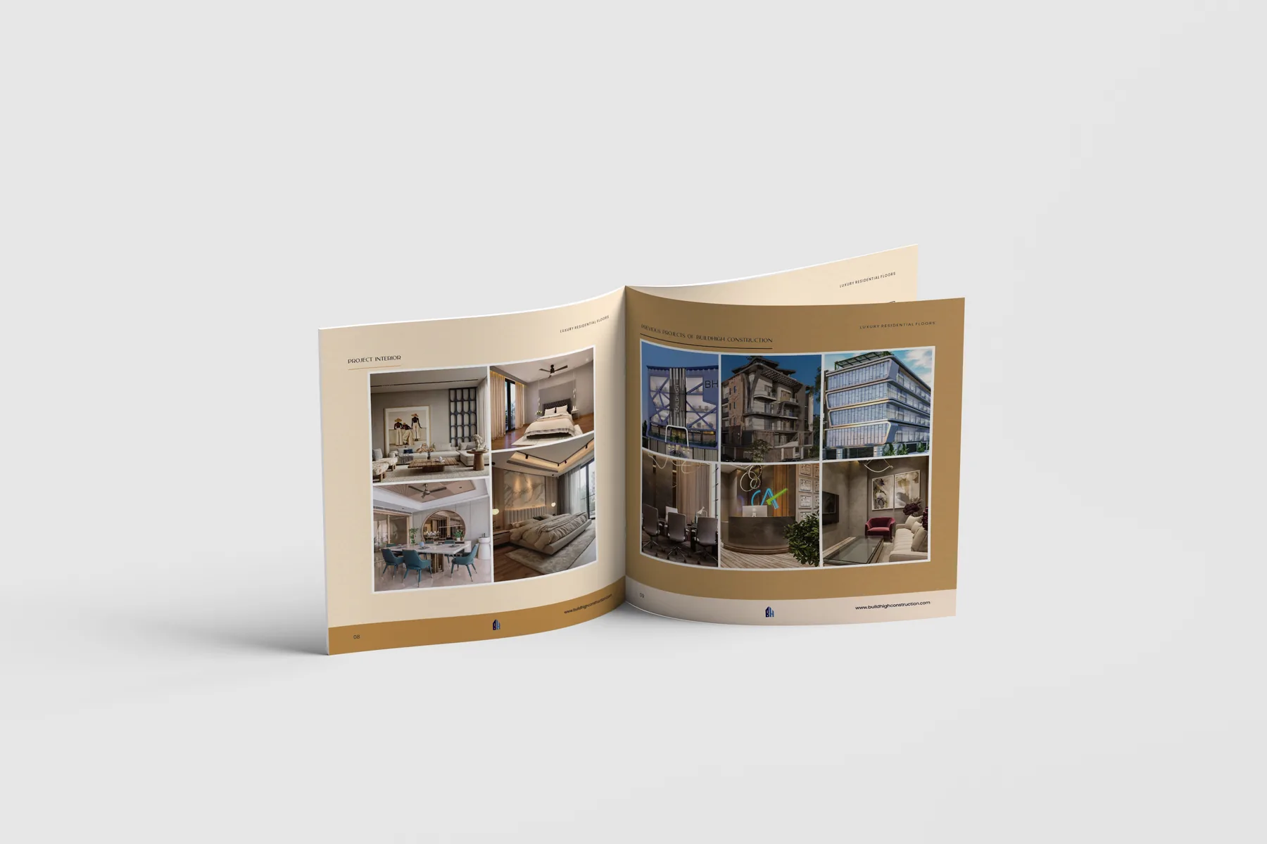 Click to view full size BuildHigh brochure spread with project interior photographs facing the previous projects page