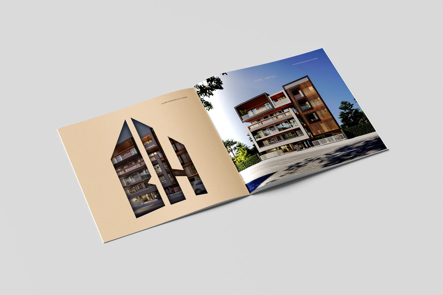 Click to view full size BuildHigh brochure spread with the BH emblem cut-out page facing the day view of the building