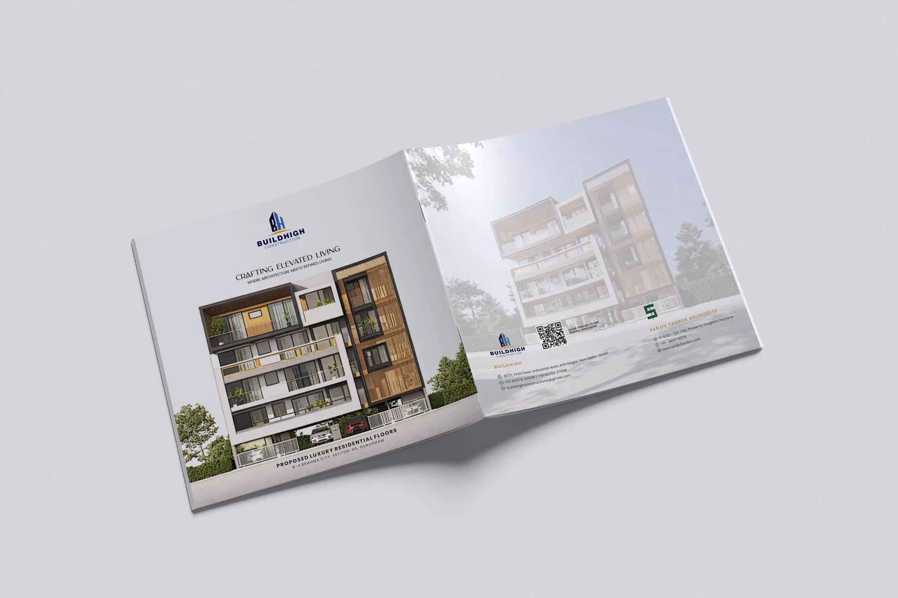 Click to view full size BuildHigh brochure front and back cover laid flat, with contact details, QR code and architect credit