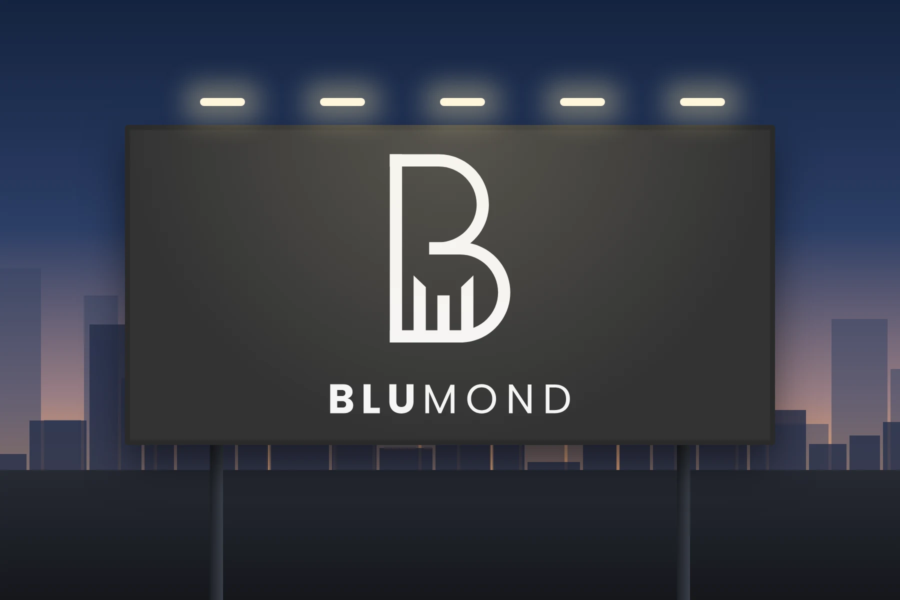 Click to view full size Blumond Dubai real estate logo on an illuminated hoarding at dusk with a city skyline behind
