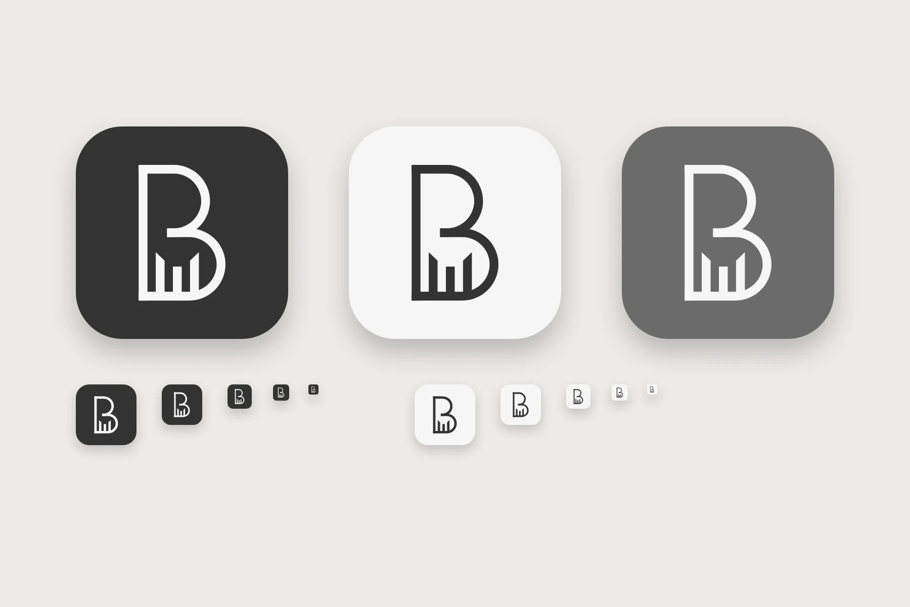 Click to view full size Blumond B mark as app icons in charcoal, off-white and grey, scaled from large to favicon size
