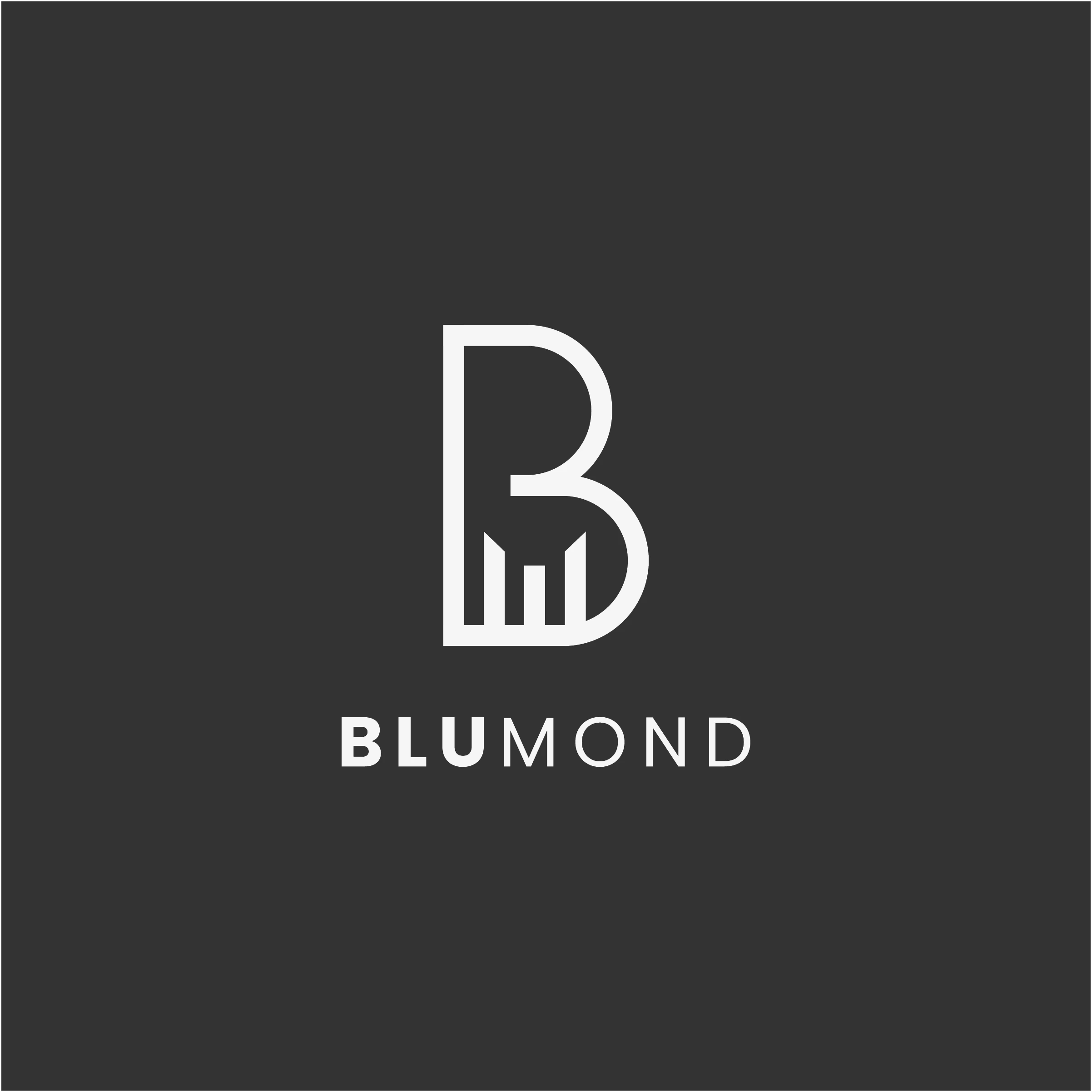 Click to view full size Blumond final logo: monoline B with a three-tower skyline in the lower bowl above the wordmark BLUMOND, off-white on charcoal