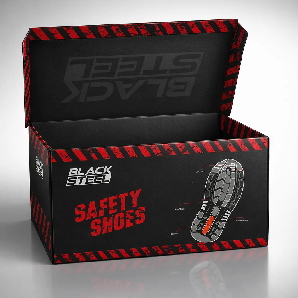 Click to view full size Open Black Steel safety shoes box with the logo printed inside the lid and hazard stripes along the edges