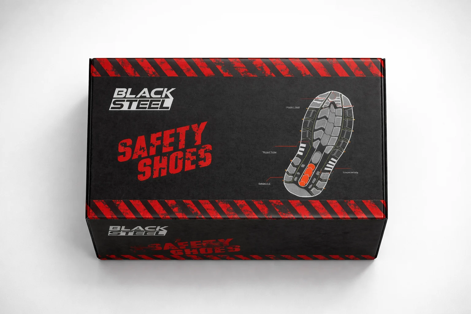 Click to view full size Top view of the Black Steel safety shoes box lid with the logo, the words Safety Shoes and a sole tread diagram
