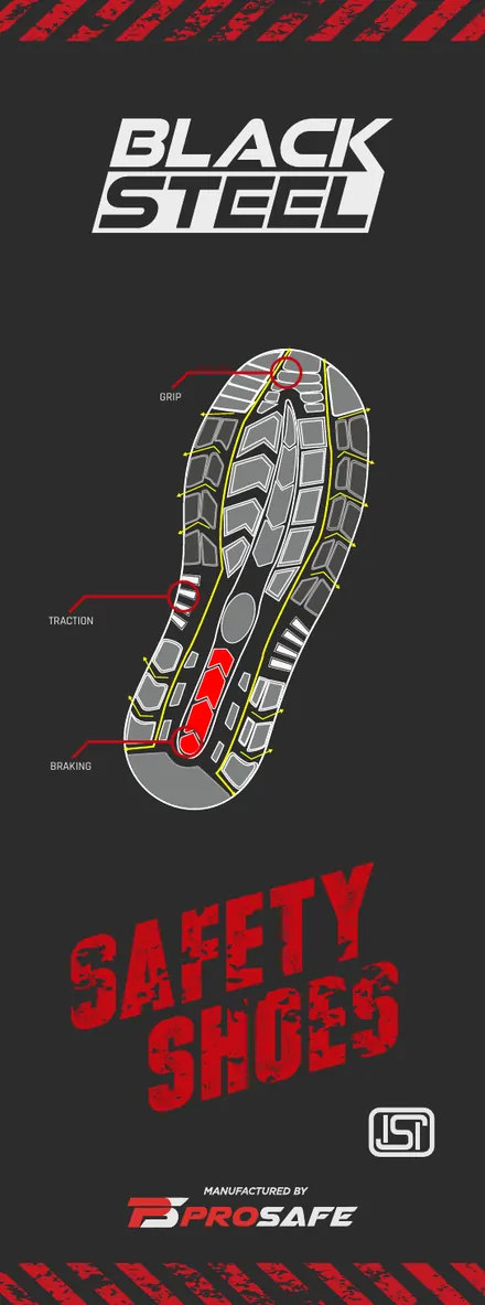 Black Steel safety shoes brochure cover panel with the logo, a sole diagram and the words Safety Shoes