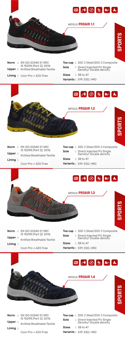 Black Steel safety shoes brochure product panel 1 with shoe photograph and specifications