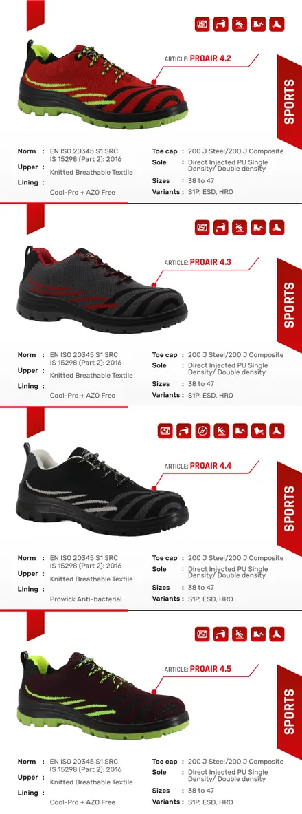 Black Steel safety shoes brochure product panel 4 with shoe photograph and specifications