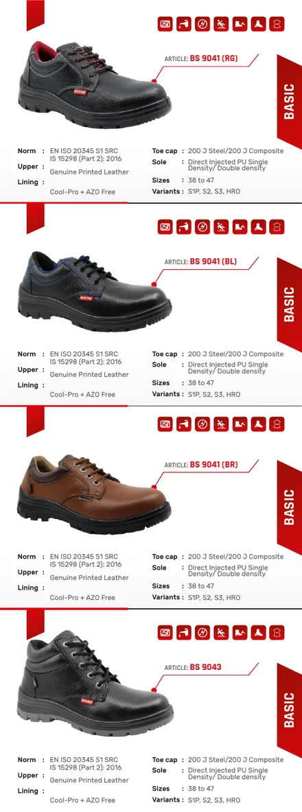 Black Steel safety shoes brochure product panel 8 with shoe photograph and specifications