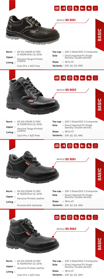 Black Steel safety shoes brochure product panel 9 with shoe photograph and specifications