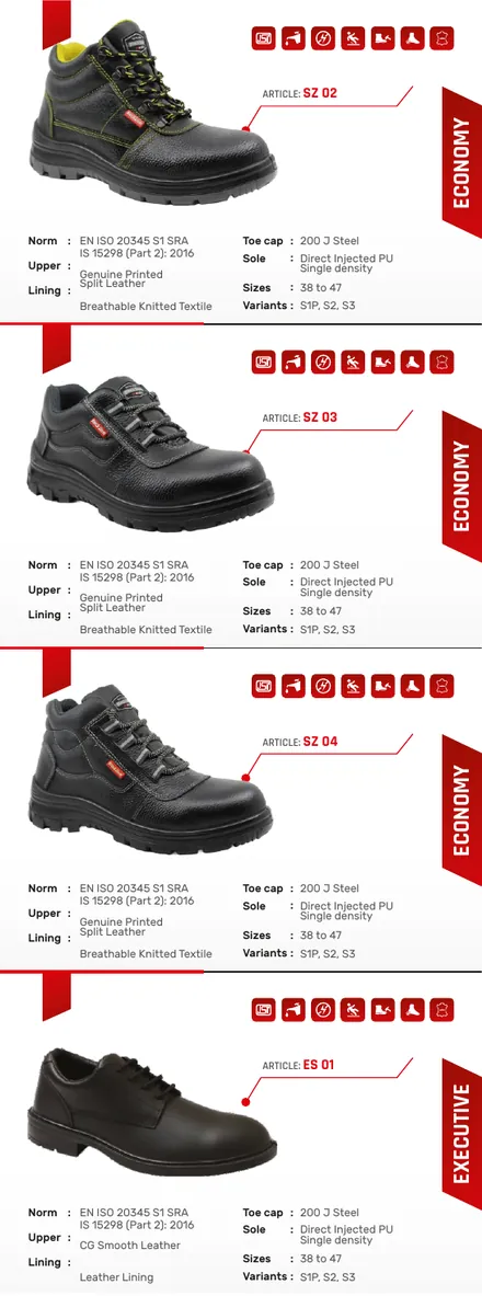 Black Steel safety shoes brochure product panel 11 with shoe photograph and specifications