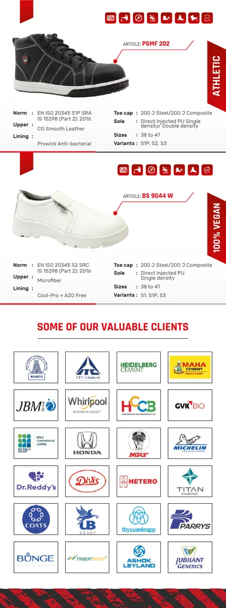 Black Steel safety shoes brochure product panel 13 with shoe photograph and specifications