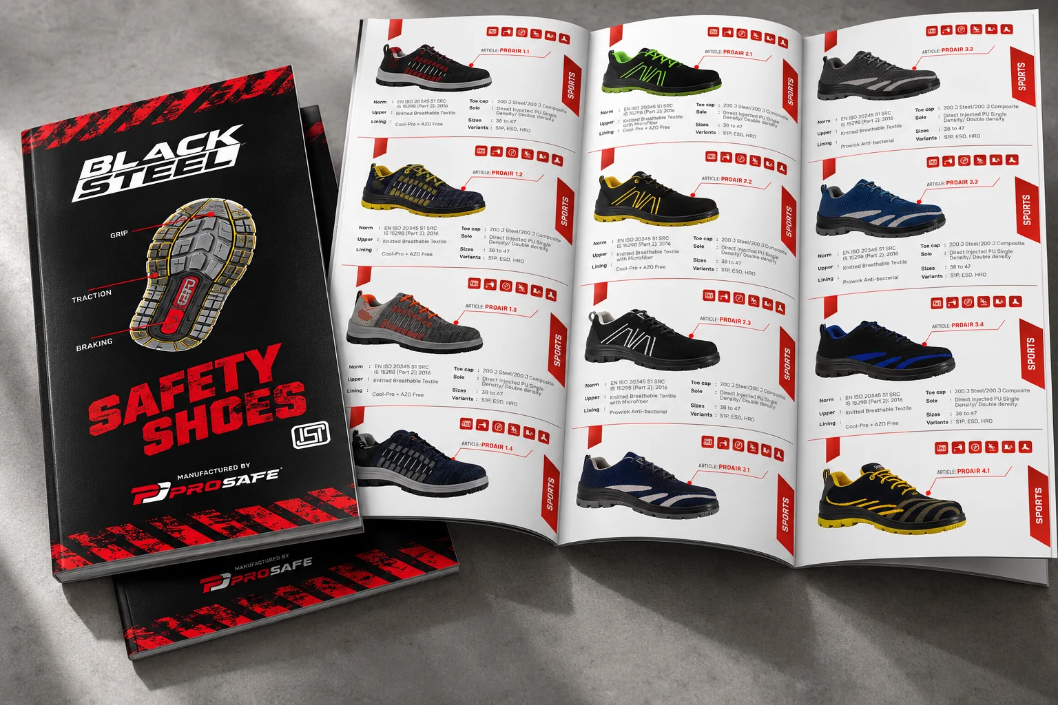 Click to view full size Black Steel safety shoes catalogue: hard cover with hazard stripes beside an open spread of shoe listings with article numbers and specifications