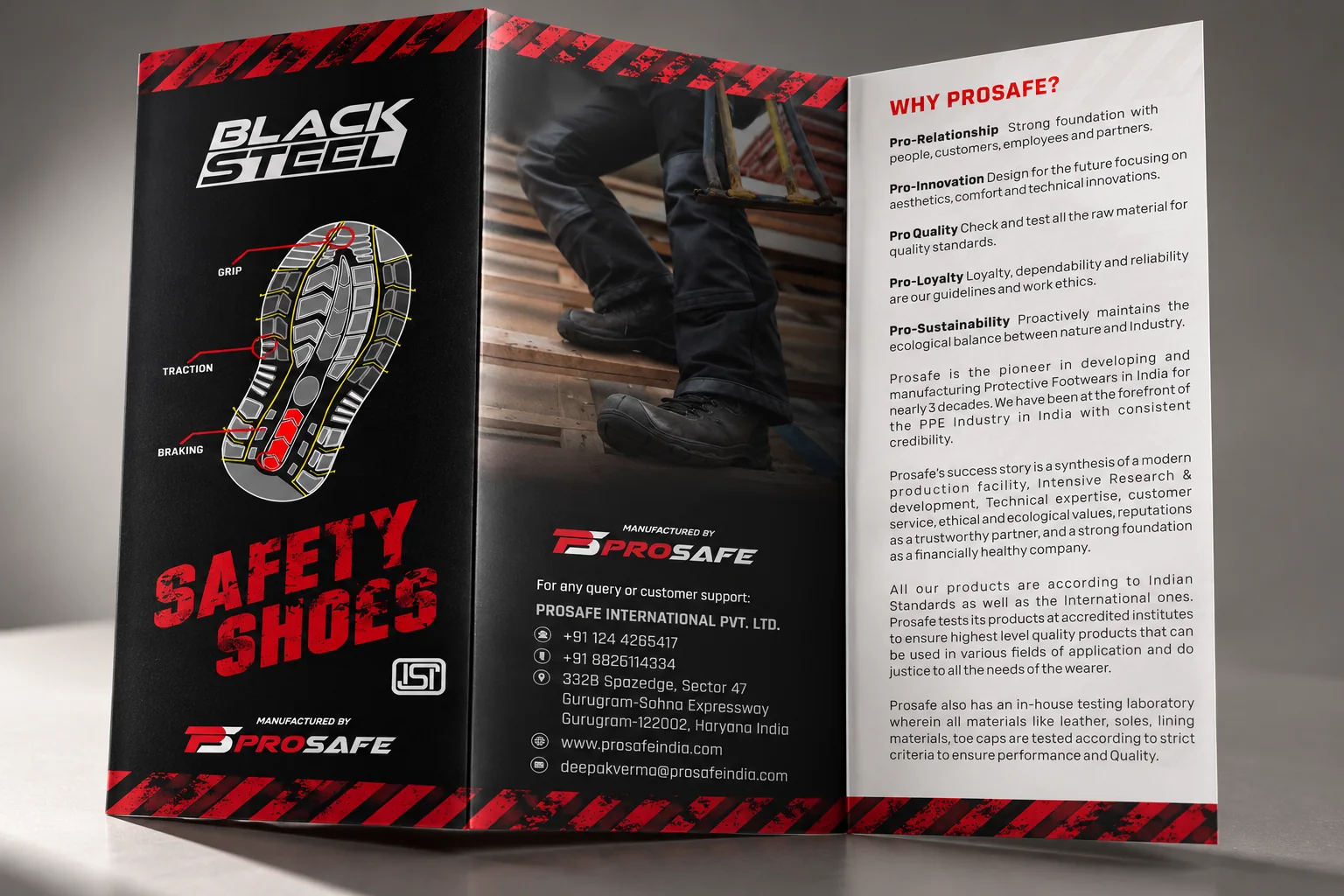 Click to view full size Black Steel tri-fold brochure standing open, showing the cover with the logo and sole diagram, the contact panel and a Why Prosafe text panel