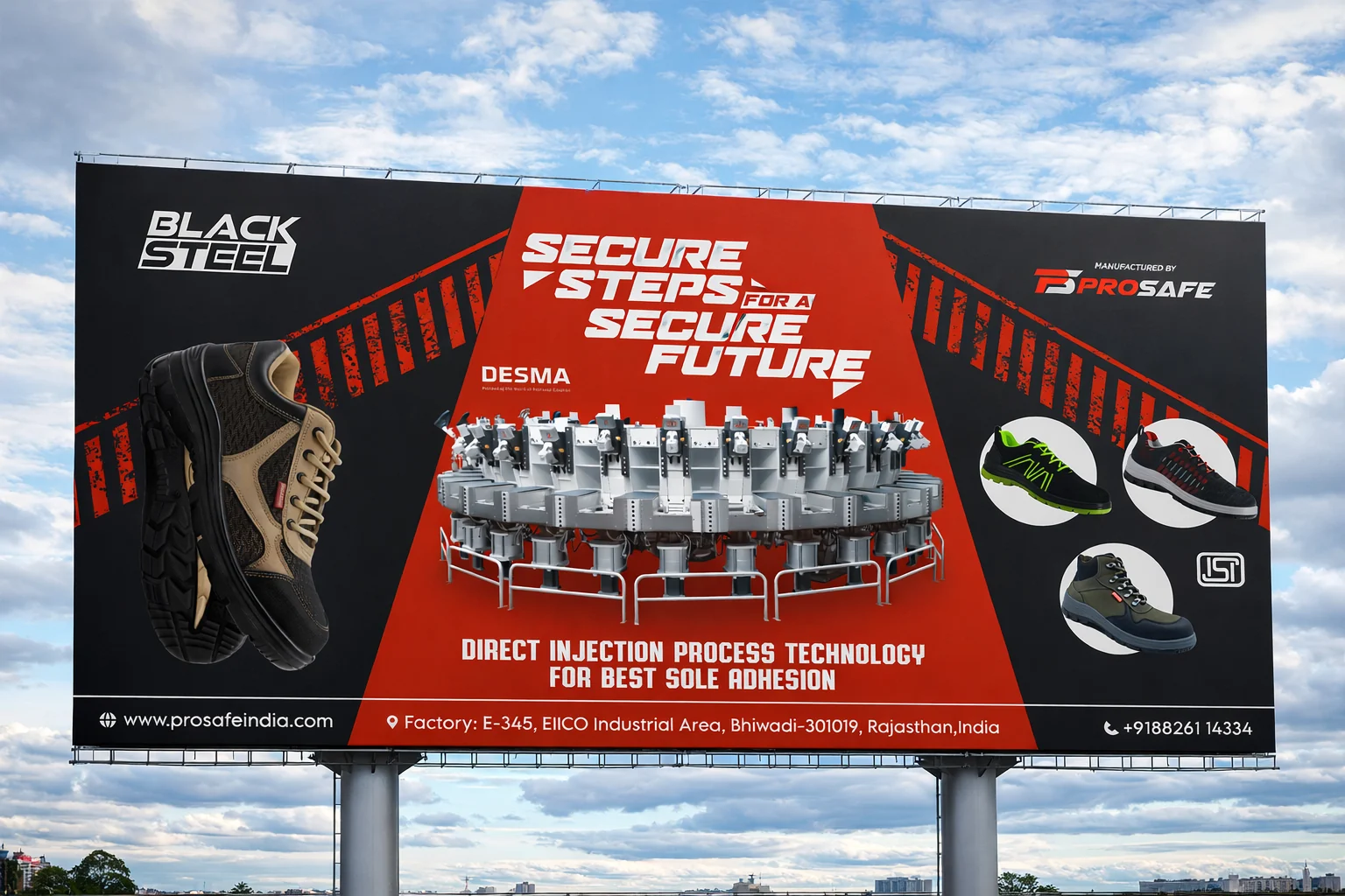 Click to view full size Black Steel outdoor hoarding with a red wedge, the headline Secure Steps for a Secure Future, a hero shoe on the left and the shoe range on the right