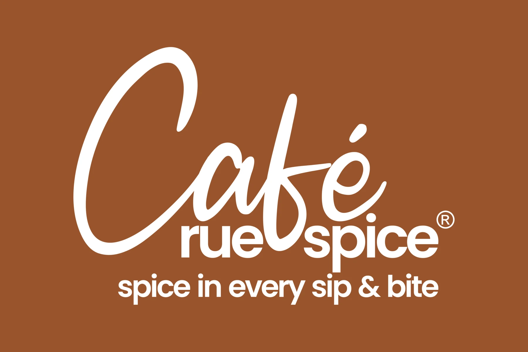 Click to view full size Cafe Rue Spice reversed white logo on a brown background