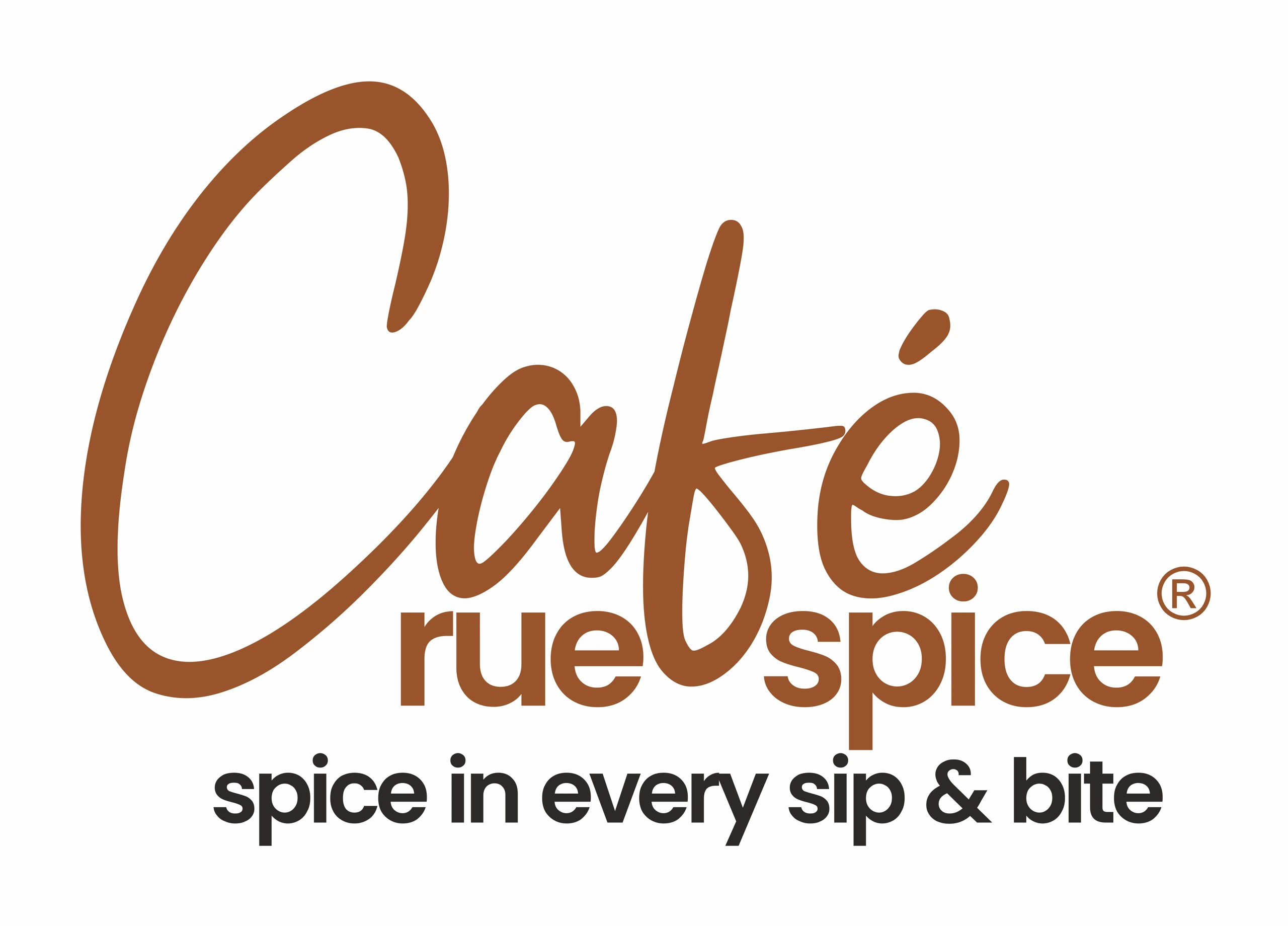 Cafe Rue Spice logo: a large handwritten script Cafe above the words rue spice, with the tagline spice in every sip and bite
