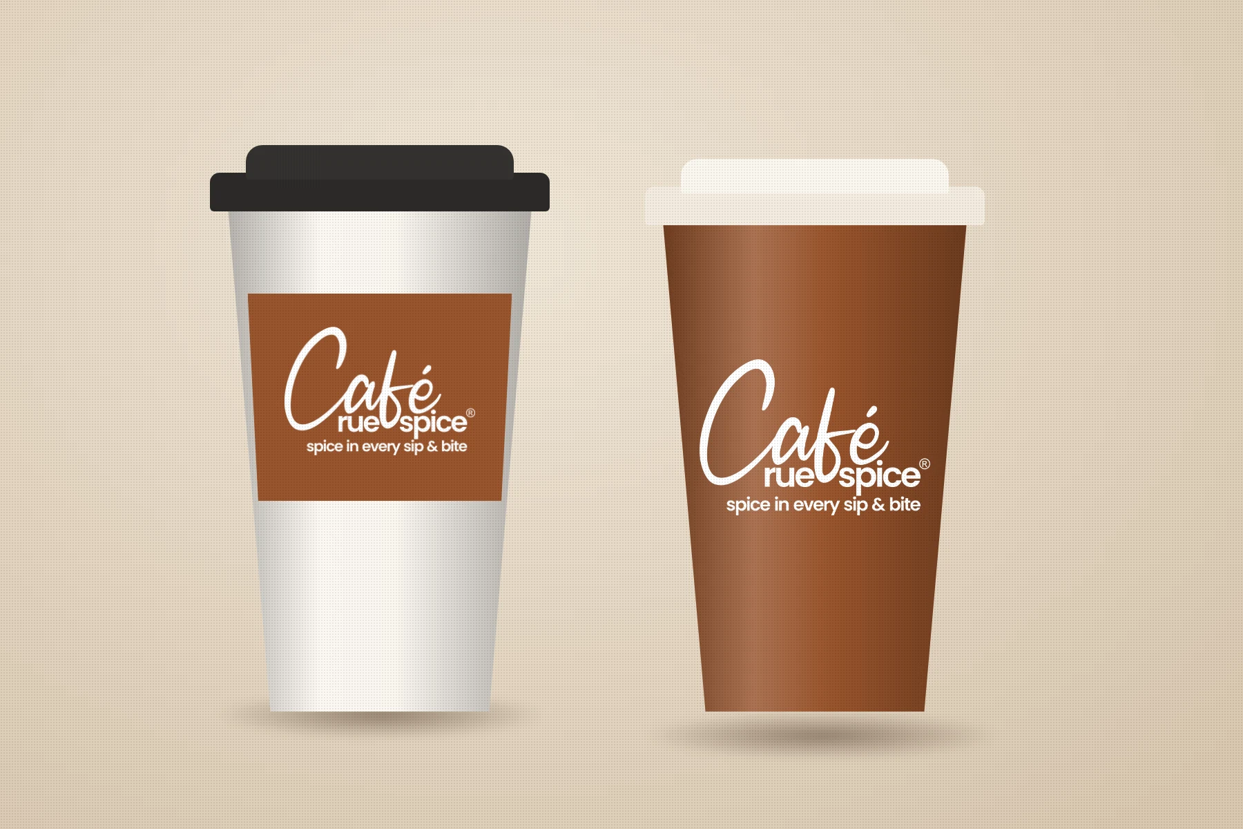 Click to view full size Two takeaway coffee cups with the Cafe Rue Spice logo, one white with a brown sleeve and one brown