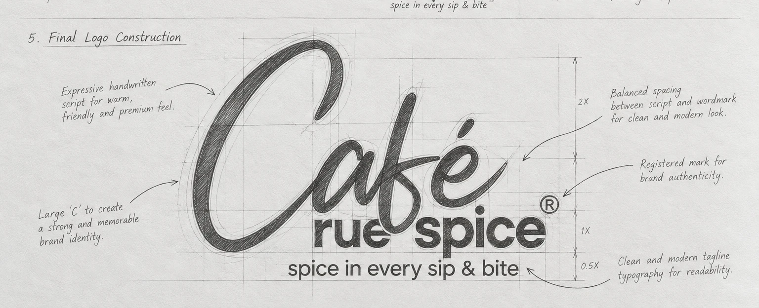Click to view full size Cafe Rue Spice final logo construction sketch with grid, spacing guides and notes on the large C, the wordmark and the tagline