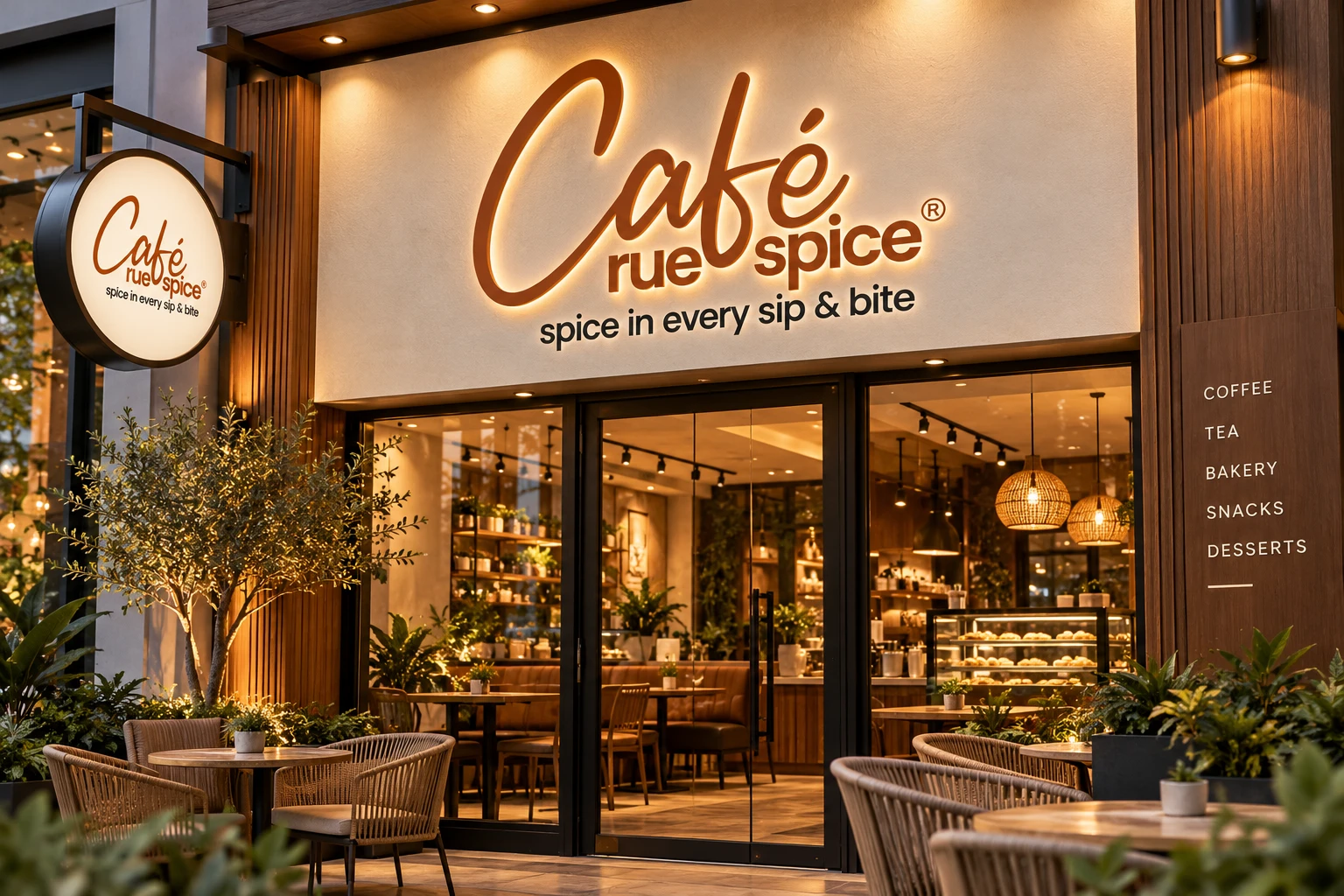 Click to view full size Cafe Rue Spice storefront at dusk with the illuminated script logo on the facade, a round hanging sign and a glass door into the cafe