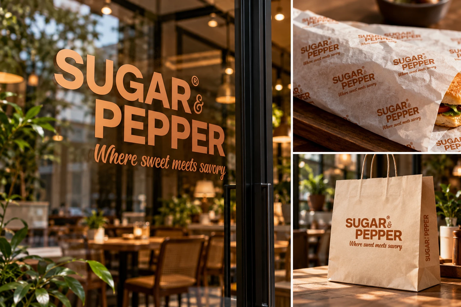 Sugar & Pepper branding in use: window vinyl logo on the restaurant glass, printed sandwich wrap and a kraft takeaway bag with the logo and tagline