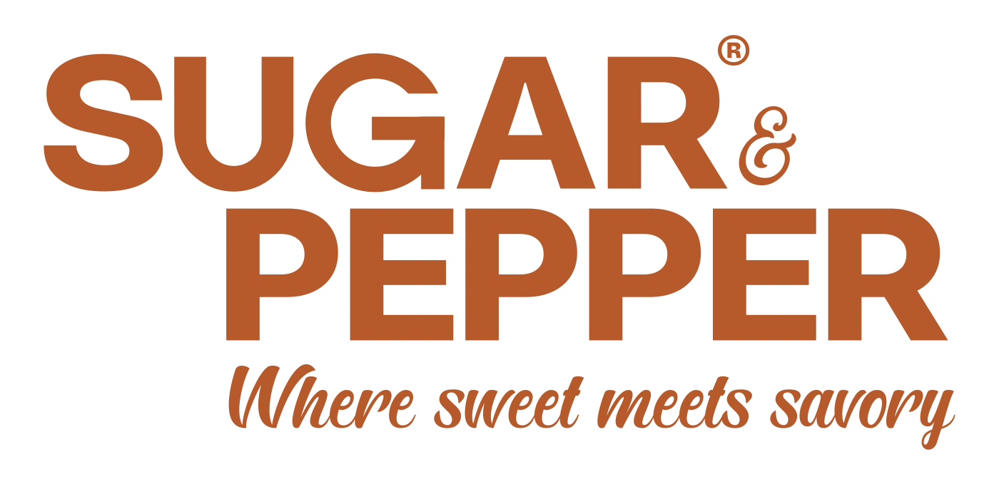 Sugar & Pepper restaurant logo, Gurgaon: bold SUGAR over PEPPER with a custom script ampersand and the tagline Where sweet meets savory