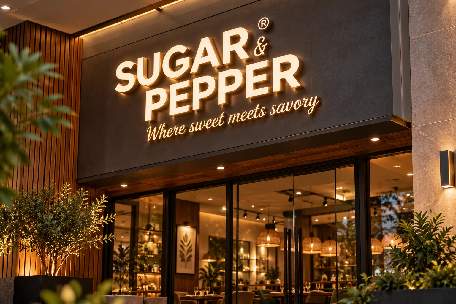 Sugar & Pepper restaurant illuminated shop-front sign with the logo and the tagline Where sweet meets savory