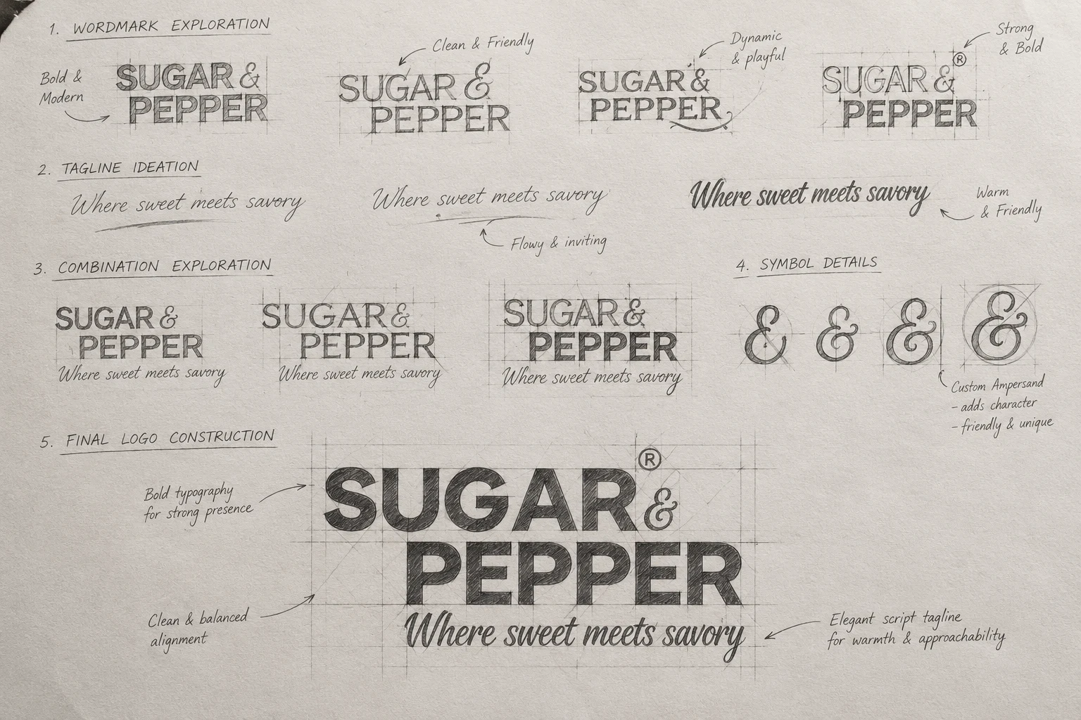 Sugar & Pepper logo process sketches: wordmark exploration, tagline ideation, combinations, custom ampersand details and final logo construction