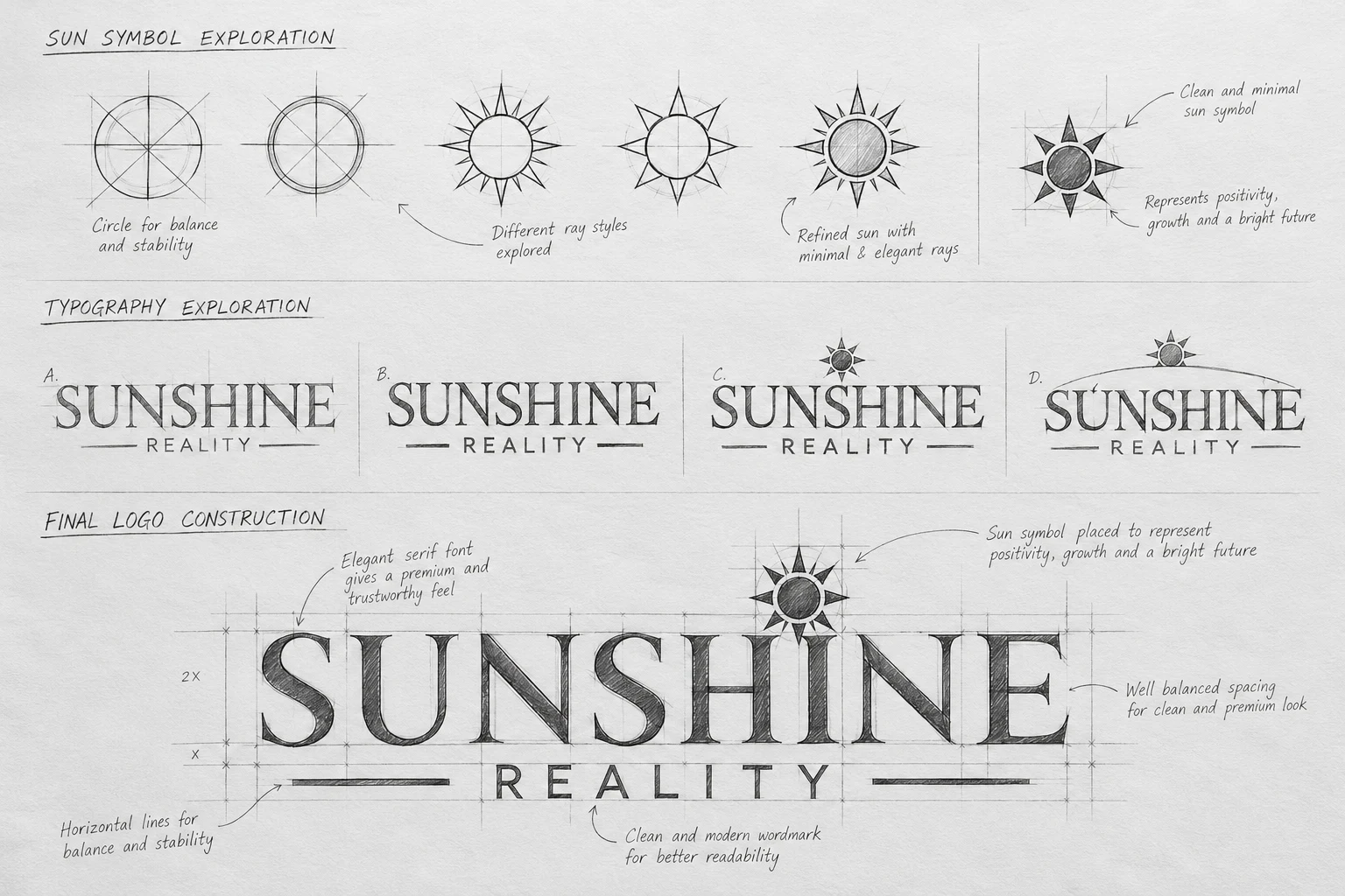 Click to view full size Sunshine Reality logo process: sun symbol sketches, typography exploration and the final logo construction grid