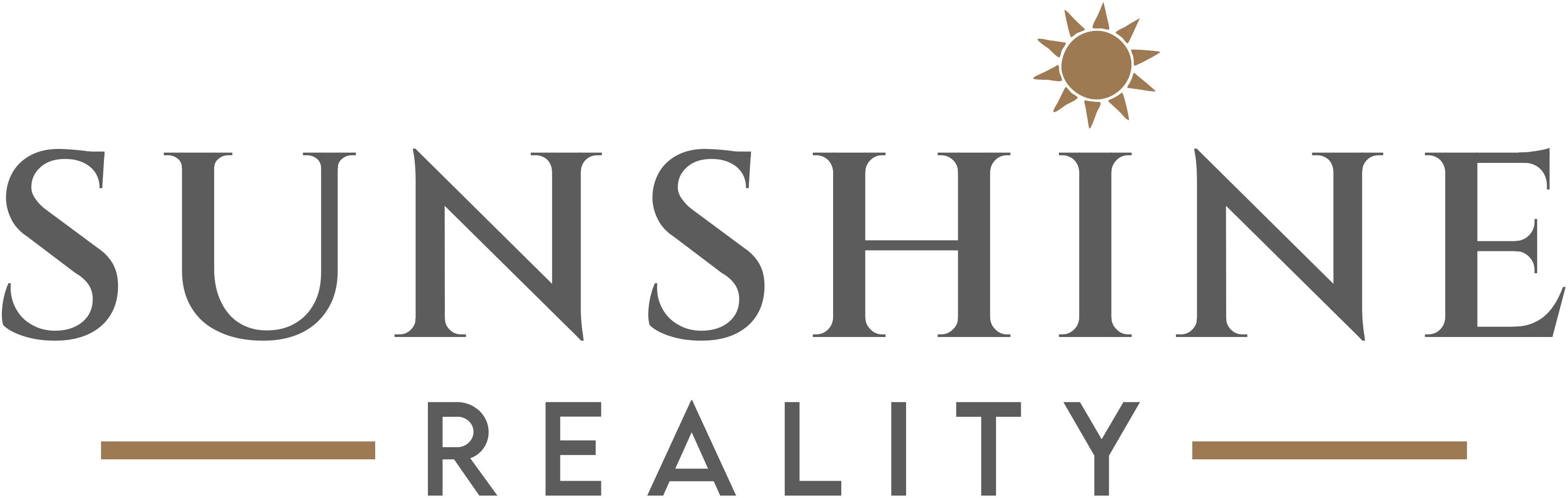 Click to view full size Sunshine Reality logo, a serif wordmark with a brown sun above the letter I