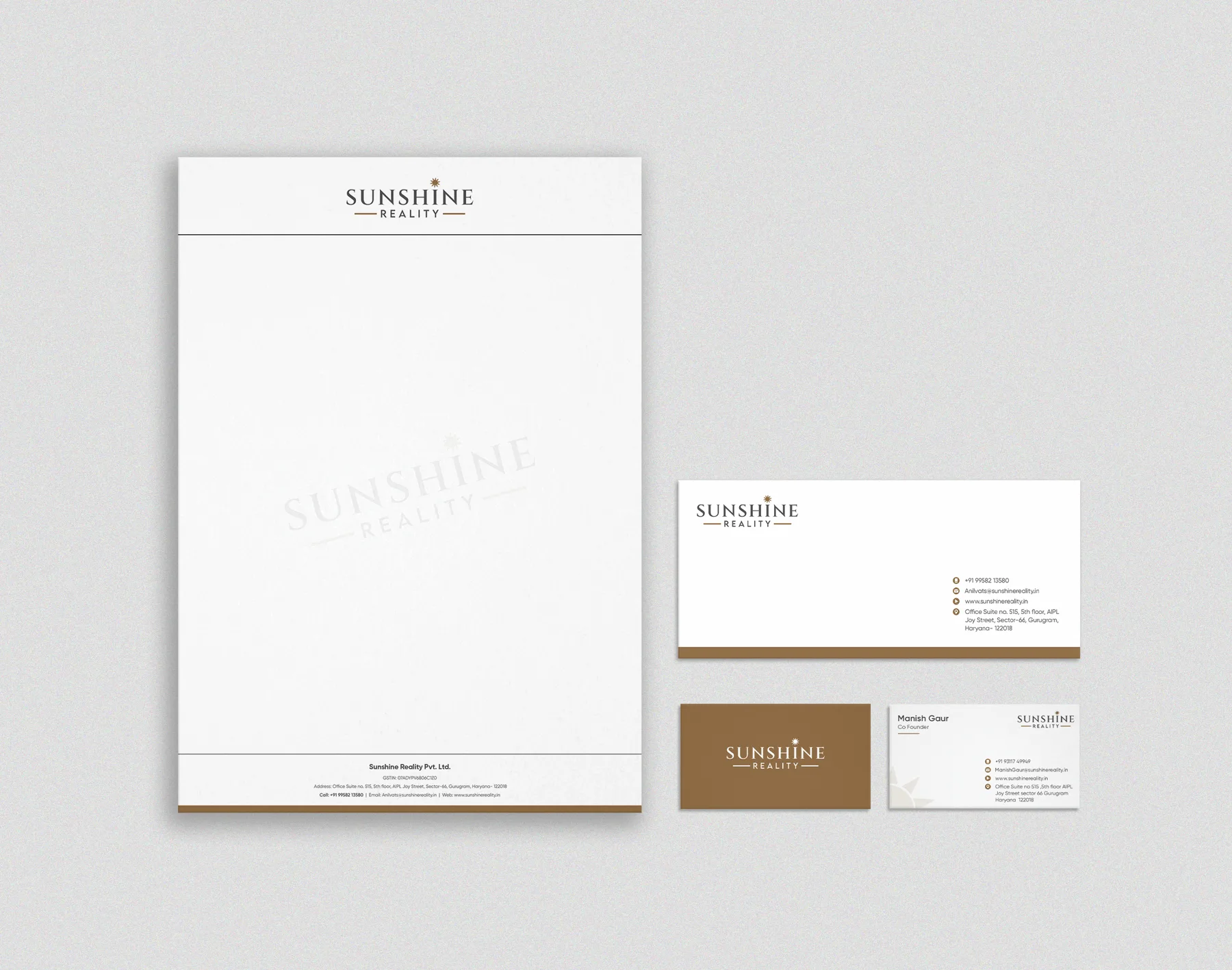 Click to view full size Sunshine Reality letterhead with brown and white visiting cards, front and back