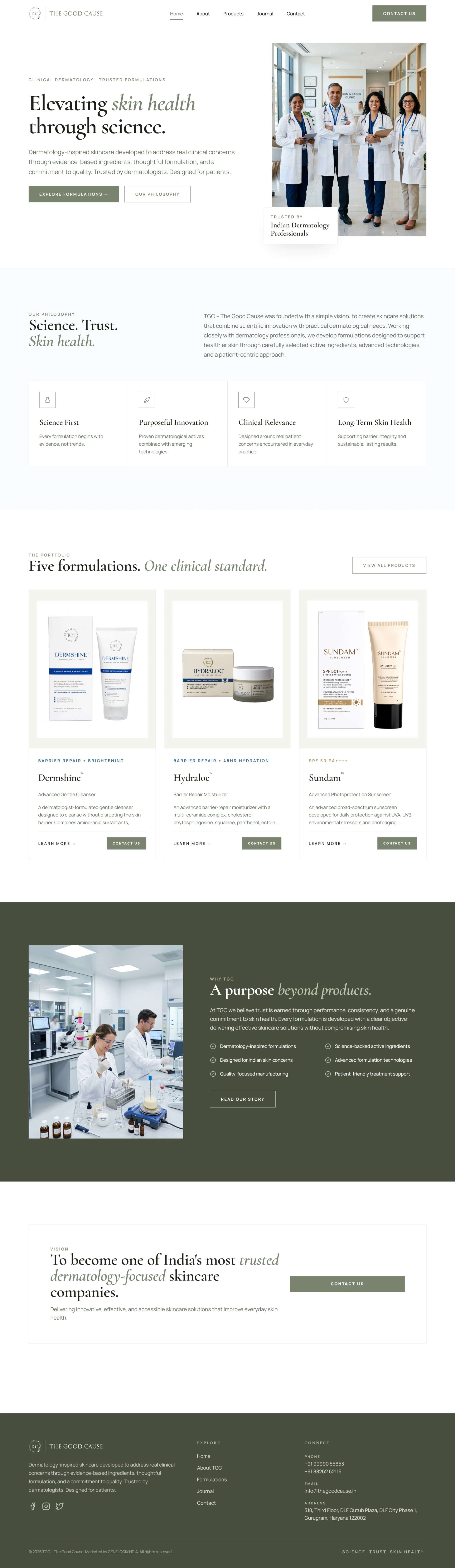 TGC The Good Cause homepage with the headline Elevating skin health through science, philosophy pillars, three featured formulations, Why TGC and the vision statement