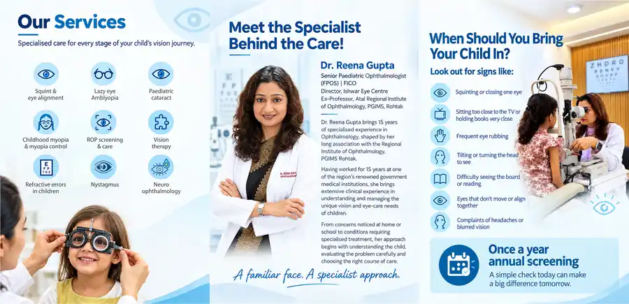 Click to view full size Inside spread of an A5 tri-fold paediatric eye-care brochure showing services, specialist profile and signs to watch for, designed by Vectographics