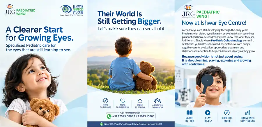 Click to view full size Outside spread of an A5 tri-fold paediatric eye-care brochure for JRG Paediatric Wing at Ishwar Eye Centre, Rohtak, designed by Vectographics